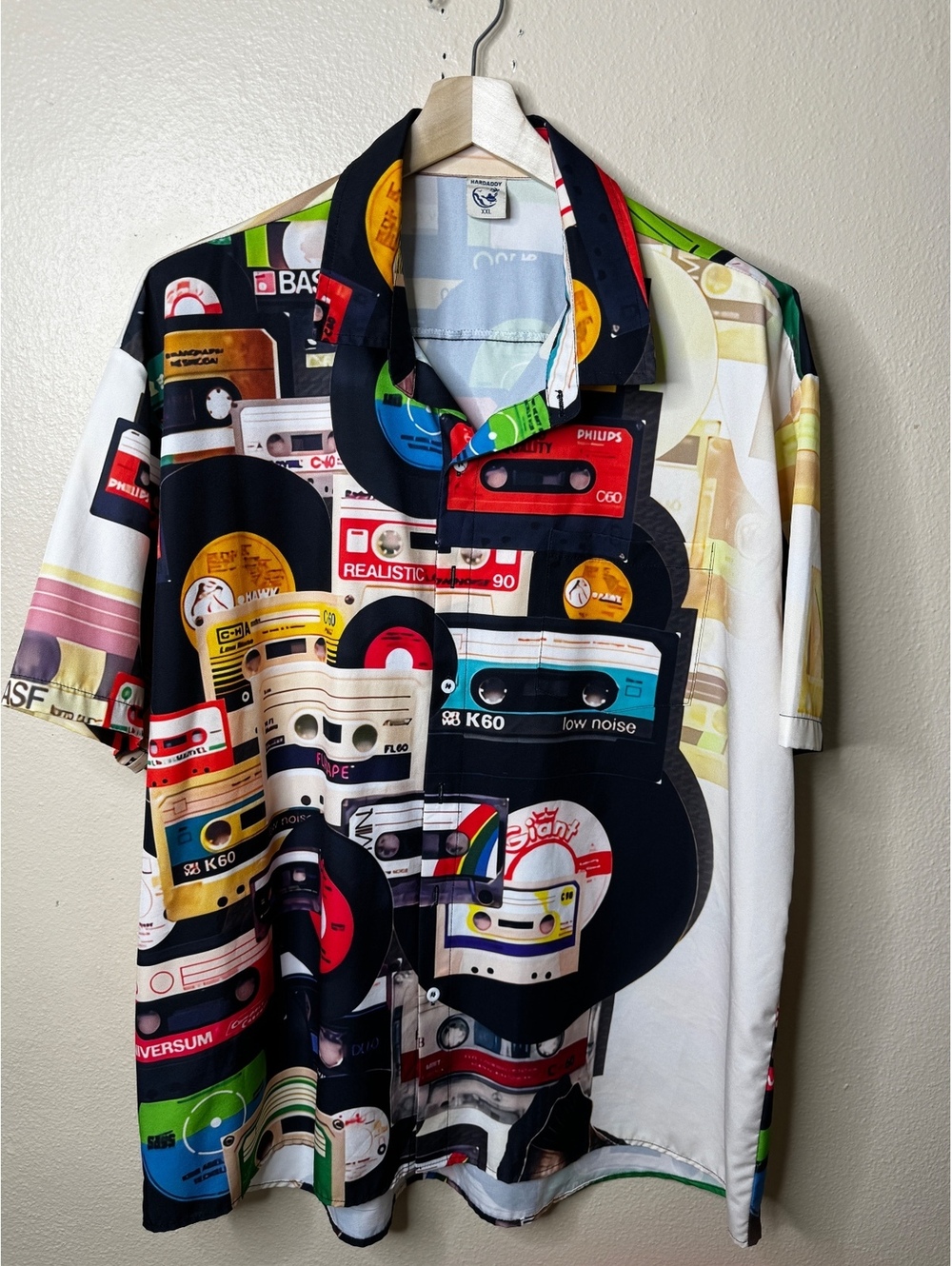 Hardaddy Men’s XXL Button Up Shirt Retro Cassette Tape Vinyl Record Music Print